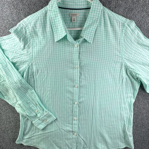 LL Bean Women Button Up Shirt XL Reg Blue Check Long Sleeve Soft Lightweight - Picture 1 of 9